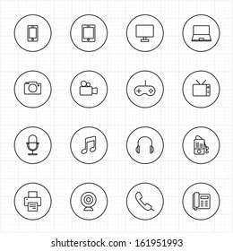 Multimedia and technology with circle line icons white background
