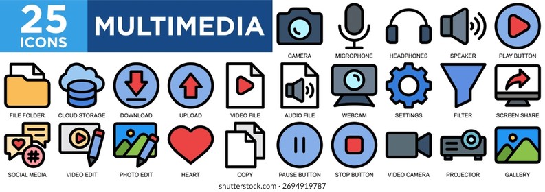 multimedia, technology, digital, computer, internet, media icon set. Outline icons collection. Simple vector illustration