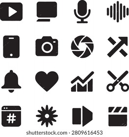 Multimedia, technology and functional icons are arranged in a neat grid layout on a plain white background. Simple, bold and versatile concept. Vector silhouette style with distressed grunge texture, solid black fill, high contrast, flat graphic design, scratched and worn vintage effect.