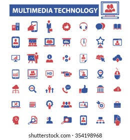 multimedia technology, interactive media, audio, video player icons, signs vector concept set for infographics, mobile, website, application
