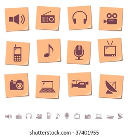 Multimedia & telecom icons on memo notes