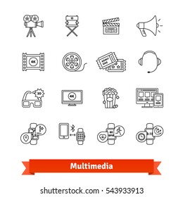 Multimedia thin line art icons set. Entertainment industry, digital television, modern gadget. Linear style symbols isolated on white.