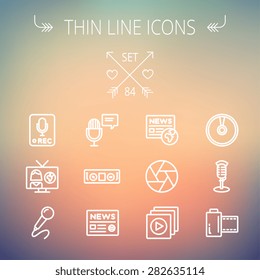 Multimedia thin line icon set for web and mobile. Set includes- vintage mic, car stereo, news, station, news report, tv, camera shutter, media player, Cd, film roll icons. Modern minimalistic flat