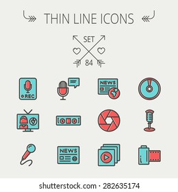 Multimedia Thin Line Icon Set For Web And Mobile. Set Includes -vintage Mic, Car Stereo, News, Station, News Report, Tv, Camera Shutter, Media Player, Cd, Film Roll  Icons. Modern Minimalistic Flat