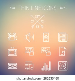Multimedia thin line icon set for web and mobile. Set includes- speaker volume, notes, knob for volume, equalizer, television, cassette player, newspaper, phonograph icons. Modern minimalistic flat