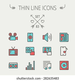 Multimedia thin line icon set for web and mobile. Set includes - speaker volume, notes, knob for volume, equalizer, television, cassette player, newspaper, phonograph icons. Modern minimalistic flat
