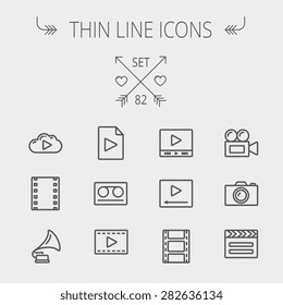 Multimedia thin line icon set for web and mobile. Set includes- phonograph, video ca, camerta, clapboard, film, strips, cloud, cassette, tape, arrow, forward icons. Modern minimalistic flat design