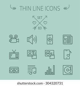 Multimedia thin line icon set for web and mobile. Set includes- speaker volume, notes, knob for volume, equalizer, television, cassette player, newspaper, phonograph icons. Modern minimalistic flat