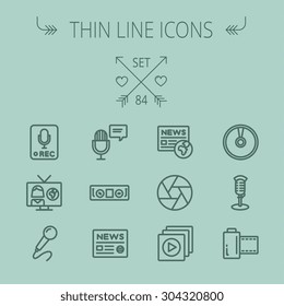 Multimedia thin line icon set for web and mobile. Set includes- for recording only sign, microphone, newspaper, newscaster, casette player icons. Modern minimalistic flat design. Vector dark grey icon