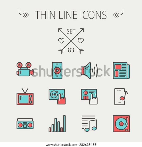 Multimedia thin line icon set for web and mobile.\
Set includes - speaker volume, notes, knob for volume, equalizer,\
television, cassette player, newspaper, phonograph icons. Modern\
minimalistic flat
