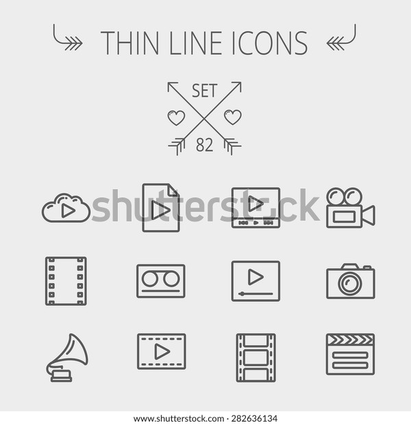 Multimedia thin line icon set for web and mobile.\
Set includes- phonograph, video ca, camerta, clapboard, film,\
strips, cloud, cassette, tape, arrow, forward icons. Modern\
minimalistic flat\
design