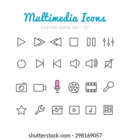 Multimedia thin linear icons set  for web and mobile application. Photo, video, music, control elements 
