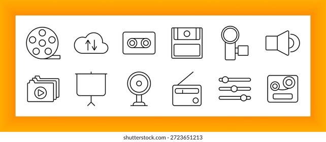 Icono de conjunto de herramientas multimedia. Carrete de película, casete, disquete, micrófono, altavoz, carpeta, proyector, radio, ecualizador, nube, grabación, difusión, Archivar