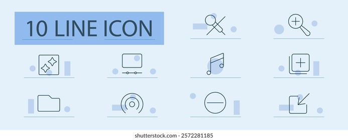 Multimedia tools set icon. Sparkles, video, music, folder, zoom, elements, plus, interface, file, playback