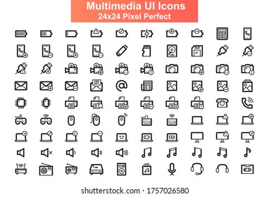 Multimedia UI icons set. Computer devices and media gadgets line pictograms for website and mobile app GUI. Media content simple UI, UX elements. 24x24 grid pixel perfect vector lined icon pack.