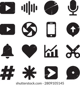 Multimedia and user interface icons are arranged in a neat grid layout on a plain white background. Functional, modern and bold concept. Vector silhouette style with distressed grunge texture, solid black shapes, high contrast, flat graphic design, scratched and worn vintage effect.