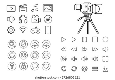 Kollektion von Multimedia- und Benutzeroberflächen-Liniensymbolen