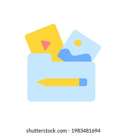 Multimedia vector flat color icon. Different media files in mobile folder. Elearning course library for creative skill development. Cartoon style clip art for mobile app. Isolated RGB illustration