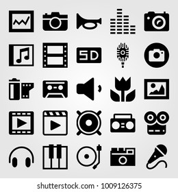 Multimedia vector icon set. film roll, cassette, macro and volume