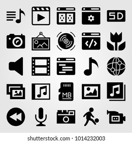 Multimedia vector icon set. film roll, picture, video camera and quaver