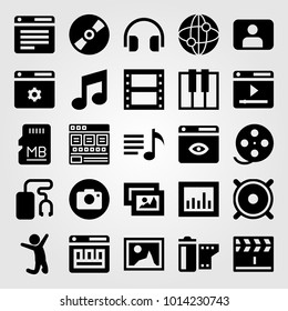 Multimedia vector icon set. keyboard, clapperboard, picture and man