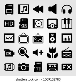 Multimedia vector icon set. loupe, music player, photo camera and speaker