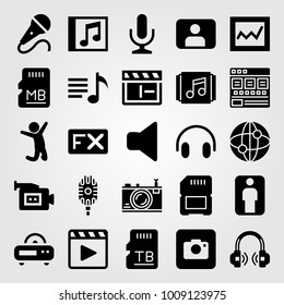 Multimedia vector icon set. memory, browser, fx and jumping man