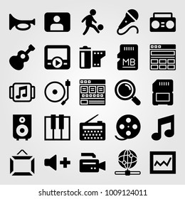 Multimedia vector icon set. musical note, movie player, video camera and football player
