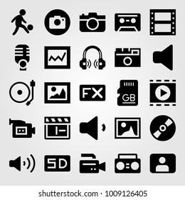 Multimedia vector icon set. photo camera, memory, clapperboard and film roll