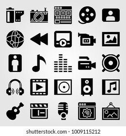 Multimedia vector icon set. picture, compact disk, guitar and photo camera