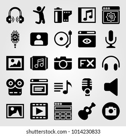 Multimedia vector icon set. playlist, speaker, jumping man and headphones