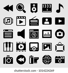 Multimedia vector icon set. radio, film roll, music player and analytics