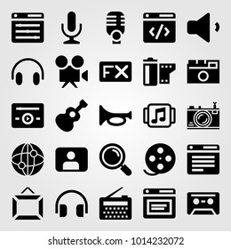 Multimedia vector icon set. radio, video camera, mic and microphone
