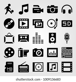 Multimedia vector icon set. sound bars, photo camera, speaker and frame