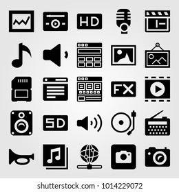 Multimedia vector icon set. turntable, sd card, analytics and radio