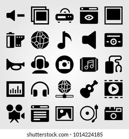 Multimedia vector icon set. volume, playlist, turntable and film roll