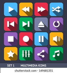 Multimedia Vector Icons With Long Shadow Set 1