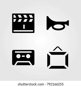 Multimedia vector icons set. cassette, clapperboard and trumpet