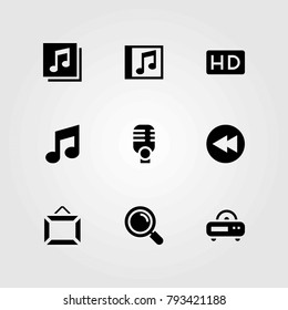 Multimedia vector icons set. compact disk, rewind and radio