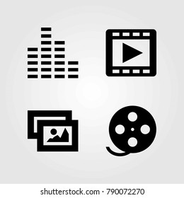 Multimedia vector icons set. film roll, picture and sound bars
