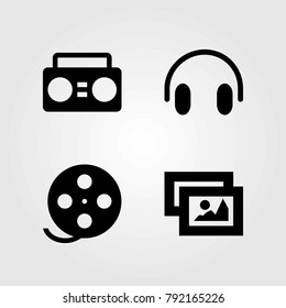 Multimedia vector icons set. film roll, boombox and picture