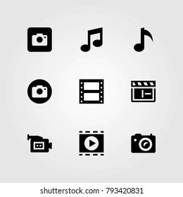 Multimedia vector icons set. film roll, photo camera and video camera