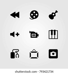 Multimedia vector icons set. film roll, rewind and guitar