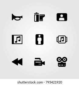 Multimedia vector icons set. film roll, music player and movie player