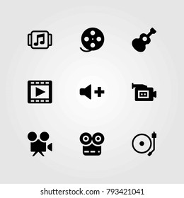Multimedia vector icons set. guitar, volume and turntable