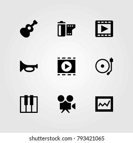 Multimedia vector icons set. guitar, analytics and movie player