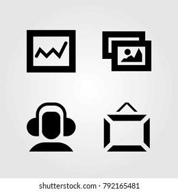 Multimedia vector icons set. headphones, analytics and frame