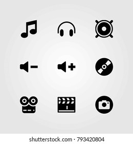 Multimedia vector icons set. headphones, speaker and musical note