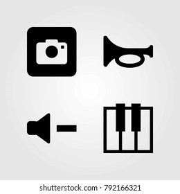 Multimedia vector icons set. keyboard, trumpet and volume
