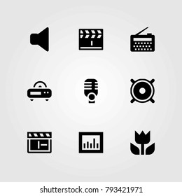 Multimedia vector icons set. macro, clapperboard and speaker